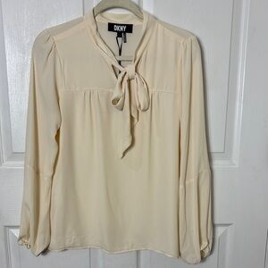 New DKNY buttercream blouse neck tie Lavallière collar long peasant sleeve sz S